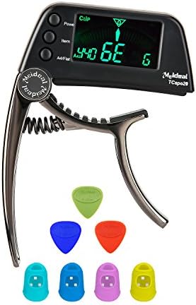 yueshion Guitar Tuner Capo,Accurate and Sensitive Large LCD Display Tuner,No Scratches Durable Capo for Guitar,Ukulele,Bass,with 4 Fingertips and 3 Guitar Picks (Black Plated)