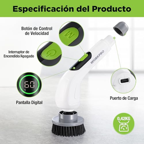 WORKPRO 8V Electric Cleaning Brush with 8 Heads Telescopic Handle | Adjustable handle of 30-120 cm and three speeds for cleaning floors, bathrooms, kitchens and hard-to-reach areas