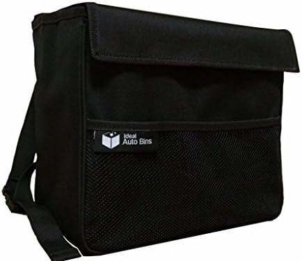 Best Large Car Trash Can - 2 Gallon, Collapsible, Waste Bin with Lid and Front Pocket by Ideal Auto Bins - Hangs or Securely Stands - 11 x 9 x 6, Black with Black disposable trash bags included