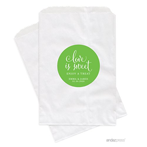 Andaz Press Personalized Dessert Table Party Favor Bags, Love is Sweet Enjoy a Treat, Kiwi Green, 24-Pack, Custom For Wedding Engagement Bridal Shower Candy Buffet Treat Bags