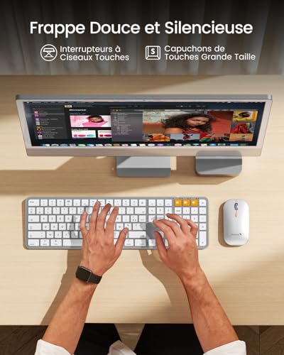ProtoArc KM100-A Wireless Keyboard Mouse Mac Retro Illuminated, AZERTY Bluetooth Keyboard and Mouse Set, Flat White Multi-Device Keyboard for MacBook Pro, MacBook Air, iPhone, iPad