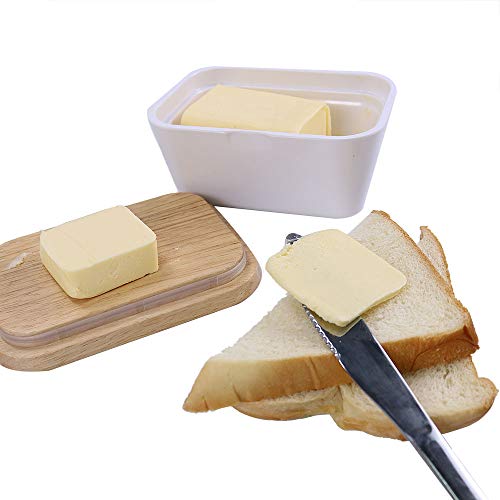 Melamine Butter Dish With Wood Lid, White Airtight Rectangular Butter Keeper By HTB