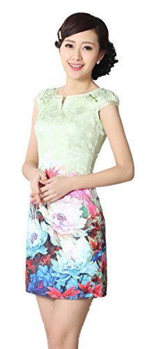 AvaCostume Women's V Neck Floral Print Jacquard Dress Qipao