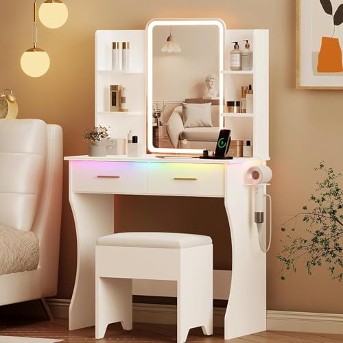 Dopwii Tocador Vanity con Espejo LED, Tocador de Maquillaje Vintage Blanco con Enchufe Incorporado y Tira de Luces RGB, Escritorio con 2 Cajones
