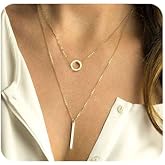 CASOLVX Bar Pendant Necklace Gold Bar Circle Strip Layered Necklace 14K Gold Plated Delicate Pendant, Layered Y Necklace for Women and Teen Girls
