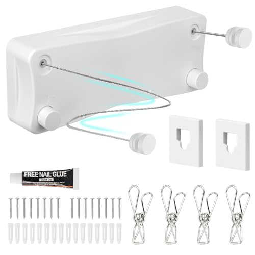 KIROGILY Tendedero Retractil Pared con 4 Pinzas para Ropa, Tendedero para Ropa Exterior Interiores, Tendederos Retractiles Ajustable 5.2 M, Capacidad de 25 KG, Ahorra Espacio, Fácil Instalación