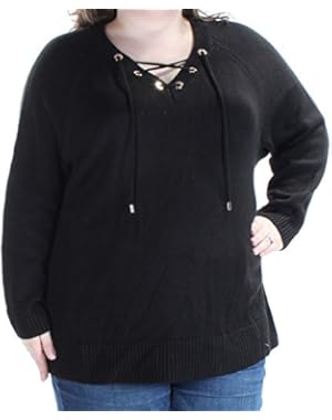 Womens Plus Lace up Grommet Pullover Sweater