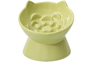 LE SERVETA Macarons Series Elevated Cat Bowl, Raised Puzzle Feeder, Anti Vomiting Slow Feeder, Whisker Friendly with Cute Ear Design (Green)