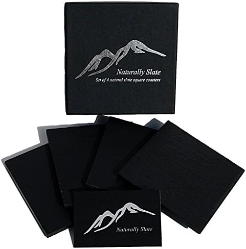 Set of Four Premium Quality Square Slate Coasters By Naturally Slate Presented in a Beautiful Gift Box