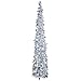 MACTING 5ft Pop up Christmas Tinsel Tree with Lights, Easy-Assembly Coastal Glittery Pencil Tree for Home Holiday Party Winter Xmas Decorations (Silver)