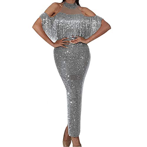 Aunimeifly Women Halter Sequin Tassel Long Dress Evening Formal Mermaid Gown Ladies Bodycon Prom Dresses(M,Silver)