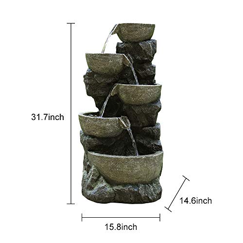 PeterIvan Outdoor Water Fountain - 32" H 5 Urns Falling Water Indoor Outdoor Fountain with Lights | Resin Fiberglass Freestanding Waterfall Fountains Features Calming&Relaxing Water Sounds - Thumbnail 7