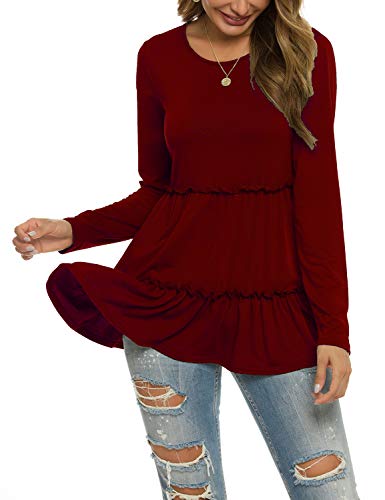 Sweetnight Womens Long Sleeve Babydoll Tunic Tops Loose Fitting Shirts Blouses Wine Red M