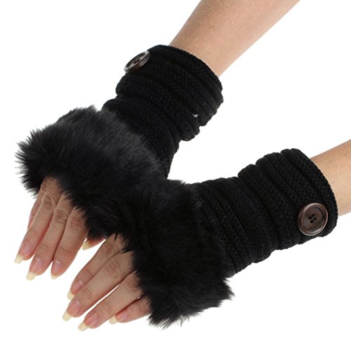 DEESEE(TM) Women Warm Winter Faux Rabbit Fur Wrist Fingerless Gloves Mittens manoplas (Black)