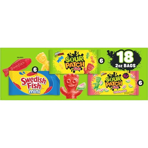 SOUR PATCH KIDS AND SWEDISH FISH MINI SOFT & CHEWY CANDY VARIETY PACK, BULK CANDY, 18-2 OZ BAGS