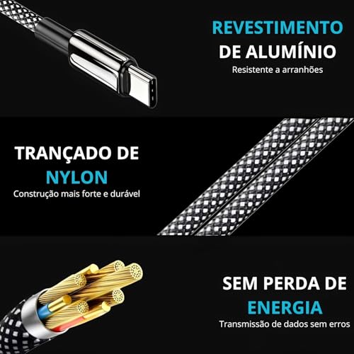 Cabo USB-C para USB-C 2 Metros 100W - Carregamento Rápido - Compatível com Smartphones e Tablets USB-C - Design Resistente em Nylon Trançado