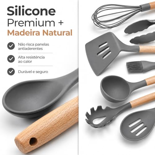 Kit Utensílios Cozinha Silicone 12 Peças com Suporte – Cabo Madeira Premium, Não Risca, Resistente ao Calor