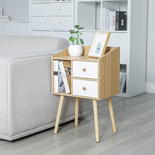 Bedside Table with Storage Drawers Mid Century Modern Nightstand with