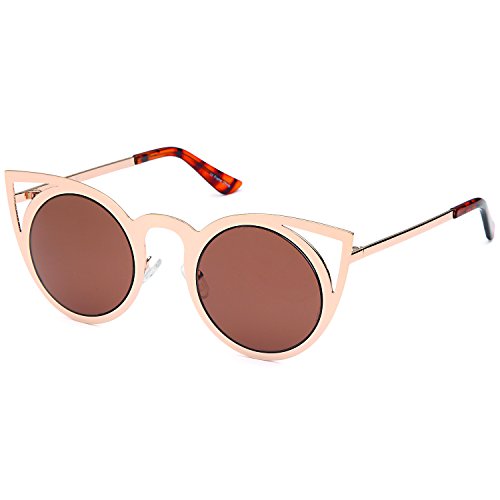 CATWALK Womens Cat Eye Metal Cut Out Fashion Frame Round Sunglasses with Mirror Flash Lens Option