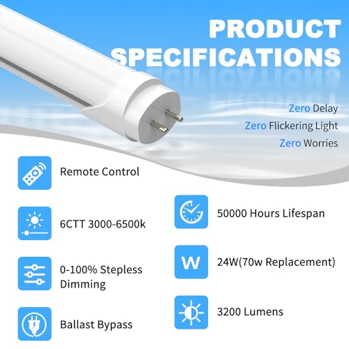 JESLED T8 T12 LED Tube Light Bulbs 4FT with Remote, Type B, 3200LM, 24W, Dimmable 4 Foot Fluorescent Tube Replacement, 3000K-6500K Adjustable Color Temperature, Ballast Bypass, Dual-Ended, ETL, 4-Pack