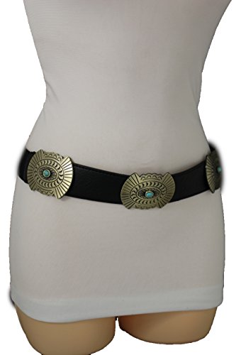 TFJ Women Western Concho Fashion Elastic Belt Hip Waist Gold Metal Charms S M Black
