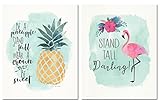 Tropical Inspirational Watercolor Flamingo and Pineapple 