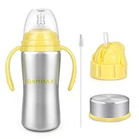 Bammax Baby Sippy Cup, 3 in 1 Multi-Function Baby Kids Water Cup, Stainless Steel Non-Toxic Non-Spill Infant Bottle with Silicone Straw, Heat Preservation