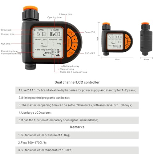 SKY-TOUCH Smart Water Timer, Waterproof Sprinkler Timer, Programmable Irrigation Controller with Rain Sensor, Manual & Automatic Watering Modes, LCD Display, Child Lock, for Outdoor Garden Lawn