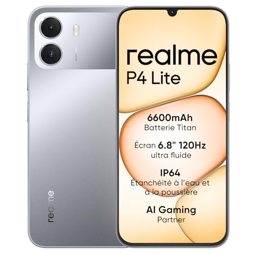 realme P4 Lite 4G Smartphone, 4 GB + 256 GB, HD-LCD-display 120 Hz 6,8 inch, titanium accu 6600 mAh, opladen 15 W, omgekeerd opladen 6 W, IP64, Next AI-systeem, titaniumgrijs (zonder oplader)