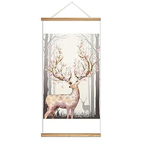Hanging Poster Wooden Framed Big Beautiful Horn Deer Theme Home Wall Canvas Prints Ready to Hang - 18"x36"