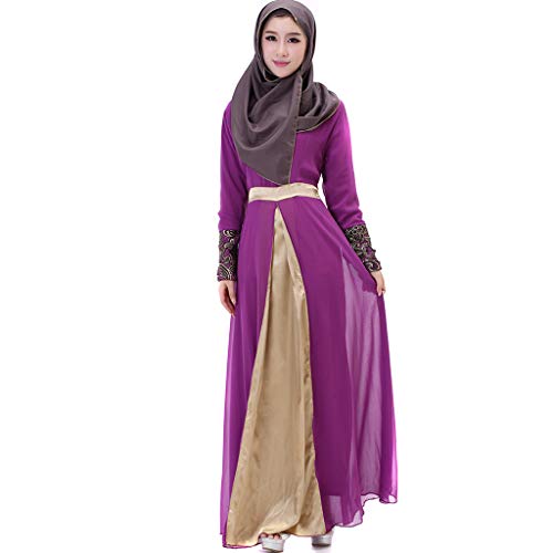 Muslim Evening Dress for Women Maxi Party Dresses Islamic Clothing Chiffon Color Block Kaftan Caftan Abaya Robe Gown Purple