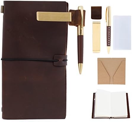 Refillable Leather Journal Notebooks, Genuine Leather Travellers Notebook for Writing, Gifts, Professional, Vintage Diary with Pen, Penholder, Clip, Zipper and Card Pocket - 8.54" x 4.7"