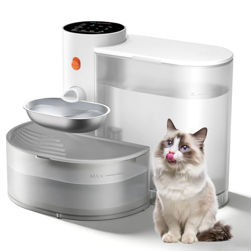3.8L Cat Fountain without Cable: Automatic Cat Drinker Without Filter and Wireless with Battery 2000mAh Used Water Separation System Stainless Steel Bowl White