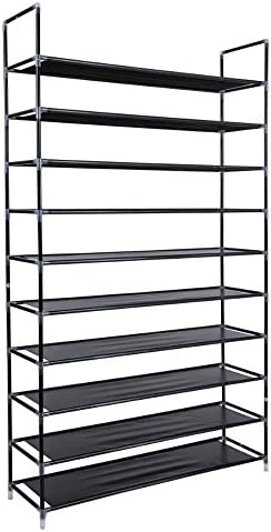 LEADZM 10 Tiers Shoe Rack Space Saving Shoe Shelf, Shoe Collecting Organizer, Non-Woven Fabric & Metal Pipes Shoe Tower Cabinet with Handle, 50 Pairs (40 x 11 x 71) (L x W x H)