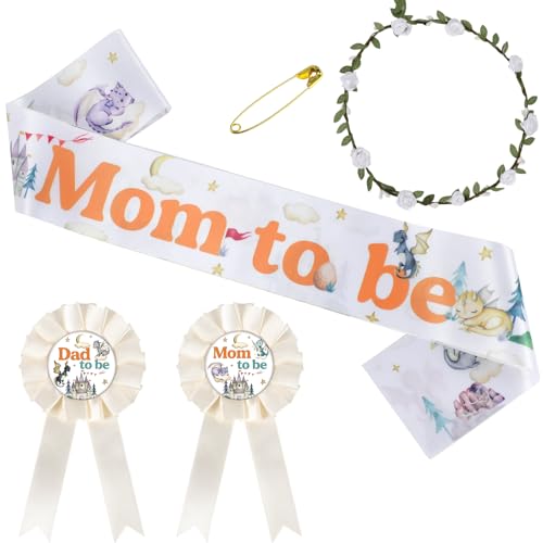 VorkiVecKi Dragon Baby Shower Decorations - 4 Pcs Watercolor Mom and Dad to Be Sash Pins for Mommy and Daddy Maternity Flower Crown Corsage Belt Tinplate Gender Reveal Party Supplies for Boys Girls