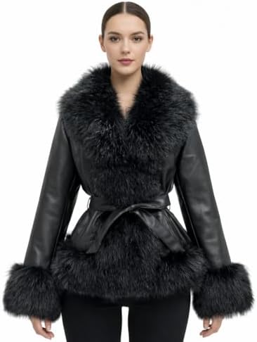 Denny&Dora Women's Black Leather Trench Coat with Real Fox Fur