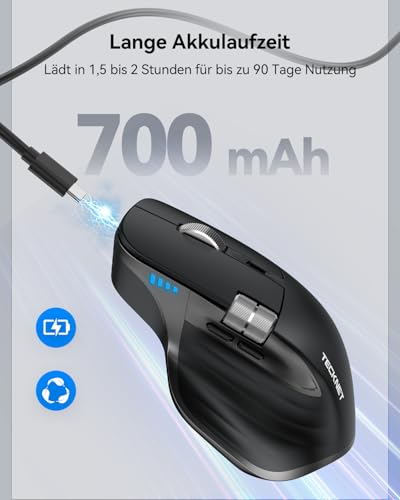 TECKNET Bluetooth Wireless Mouse (BT 5.3/5.0+2.4G), Side Mouse Wheel, Rechargeable Mouse, Ergonomic, Noiseless Click, 4800 DPI, 7 Buttons, for Mac OS, Windows, Black