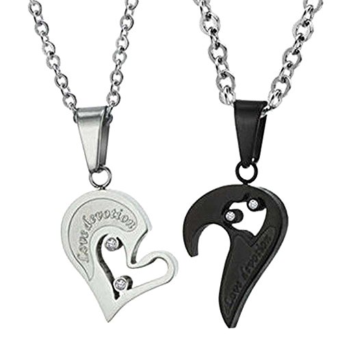 UM Jewelry His ans Hers Stainless Steel Crystal Heart Puzzle Pendant Love devotion Engraved Necklace
