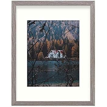 Frametory, Frame with Ivory Mat for Photo - Smooth Wood Grain Finish - Sawtooth Hangers, Real Glass - Landscape/Portrait, Wall Display (Grey, 11x14 Frame for 8x10 Photo)