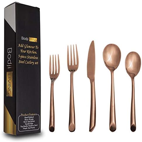 Bodji Stainless Steel Flatware Set -Smooth Luxury Design by BODJI LIVING, A+ Quality, Perfect Size & Weight 5 Pcs Cutlery Set, Dinner Knife & Fork, Serving Spoon, Teaspoon & Dessert Fork (Rose Gold)