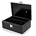 Flexzion Cash Box with Money Tray and Lock - Metal Money Box for Cash Storage with Secure Latch Lock & Key - Black Petty Cash Box with 7 Compartment Money Tray for Small Businesses, 11x7.7x3.5 Inches