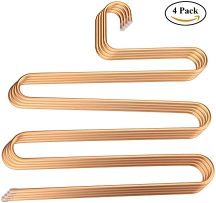 (4 Pack) S-type Pants Hangers - TRUSBER Premium Aluminium Alloy S-shape Metal Clothes Racks with 5 Layers Space Saving for Pants Jeans Trousers Scarfs - No Rust, No Distortion - Gold
