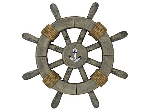 Super Rustic White Decorative Ship Wheel With Anchor 12" - Boat Steering Wheel-