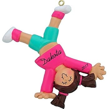 Tumbling Cartwheel Personalized Christmas Ornament - Girl - Brown Hair - Handpainted Resin - 3.5