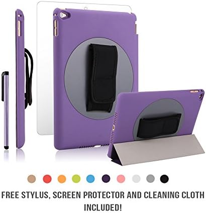 iPad Air 2 Case 360 Degree Handheld Rotating Case Adjustable Strap by JACKIT Back Cover and Front Smart Wake/Sleep Magnetic Cover FREE Stylus Screen Protector Cloth for Apple iPad Air 2 [Purple]