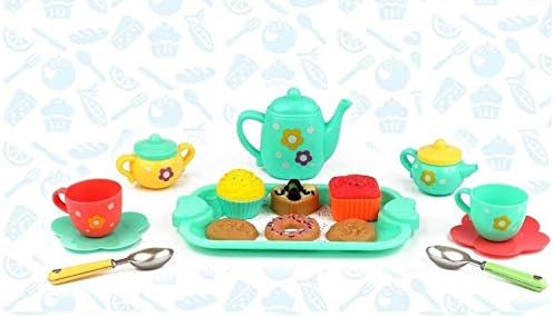 PLUSPOINTTea Set with Basket Kids Kitchen Pretend Play Accessory Toy Set Tableware Tea Playset for Kids with Organiser Tray, Dishes, Pots, Pans and Cooking Utensils for Boys & Girls (Tea Pot Tray)