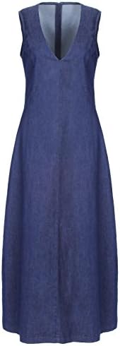 NONOSIZE Women's Maxi Sleeveless Slim Blue Jean Casual Long Tank Denim Dress with V-Neck and Low-cut