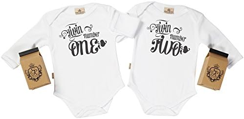 SR - Gift Boxed Twin Number One & Two Organic Baby Twins Clothing - Baby Twins Baby Bodysuit Set - Baby Twin Gift - Baby Twins