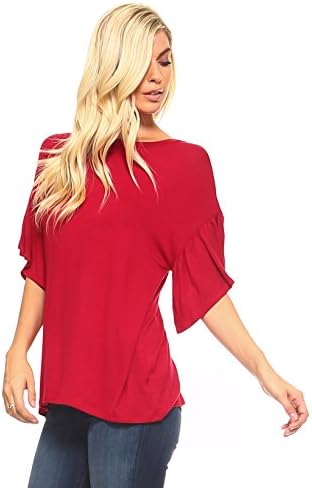 Amie Finery Ruffle Tops For Women Bell Sleeve Top Short Sleeve Shirt Made In USA Small Tango Red
