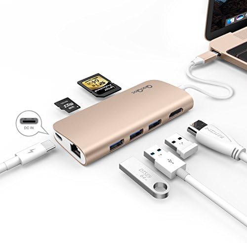 NinkBox GN30E Aluminum Alloy USB-C Hub with Power Delivery with 3 SuperSpeed USB 3.0 ports,1 HDMI Port, (Micro) SDHC Port,LAN Port, Charging Port for MacBook 12-Inch(Gold)